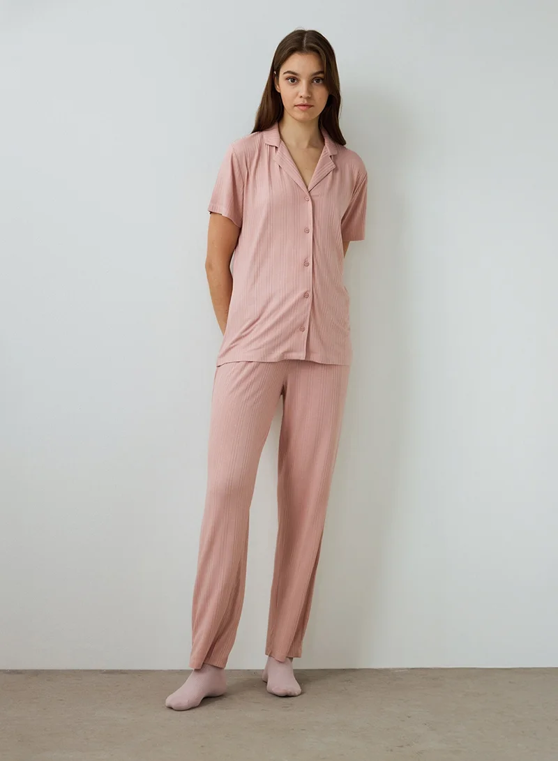 Penti Emma Ribbed Shirt Collar Short Sleeve Pajama Set
